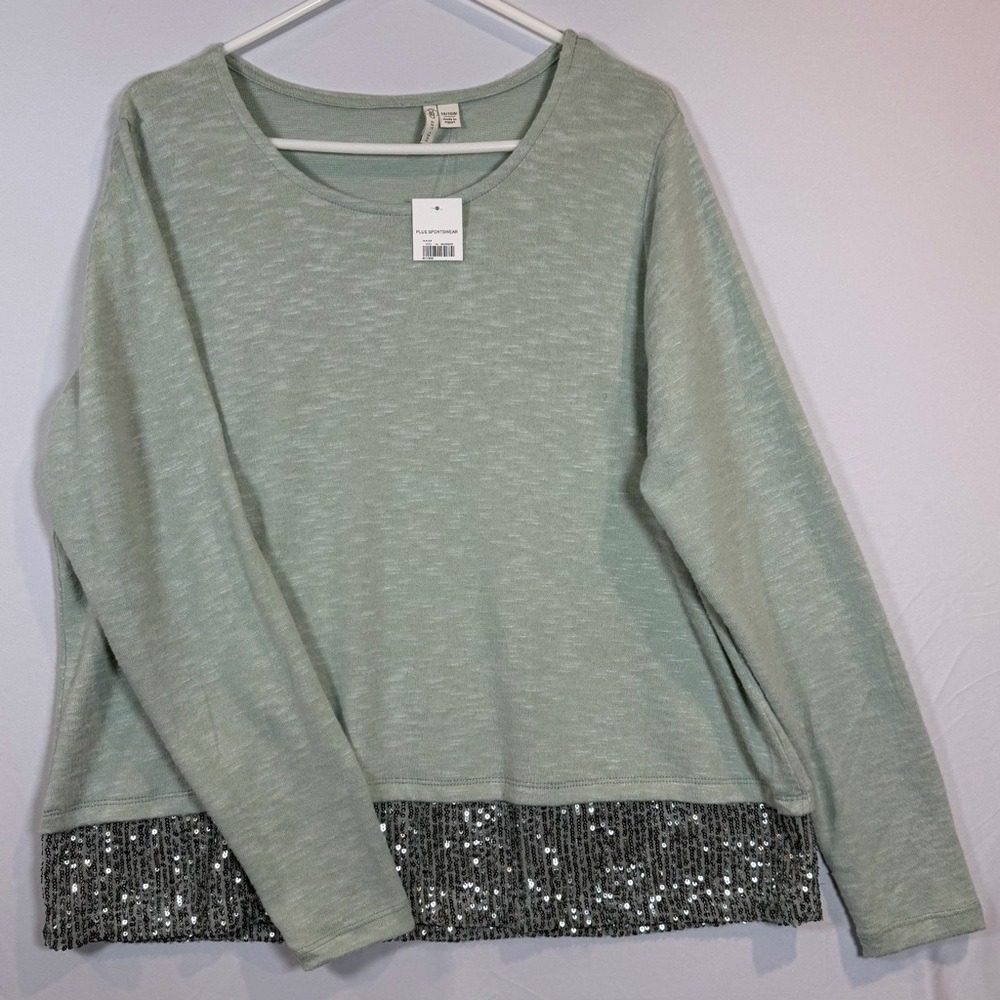 Cato‎ Sequin Hem Top Women 14/16W Glacier Green NWT Long Sleeve Slub Knit